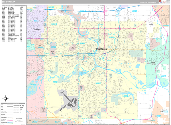 Des Moines City Wall Map Premium Style
